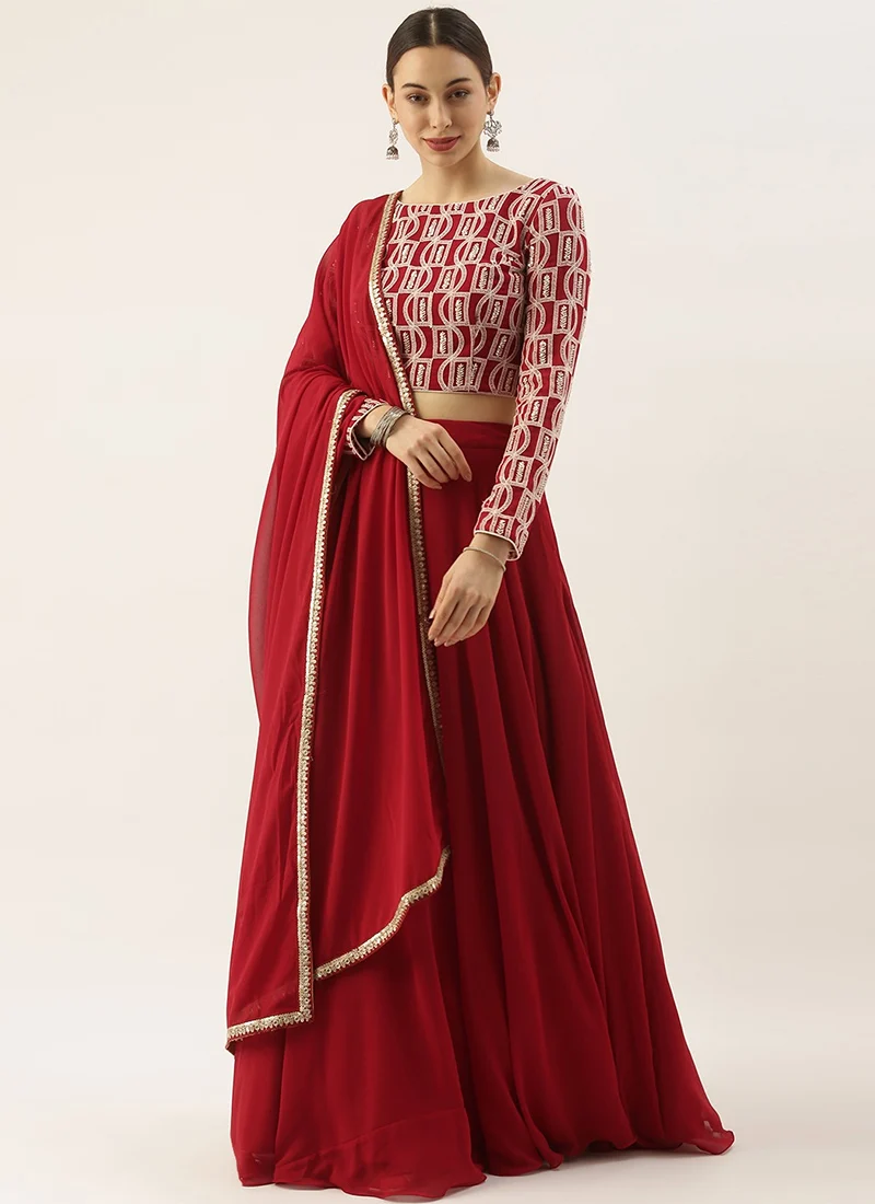 Maroon Georgette Embroidered Boat Neck Lehenga